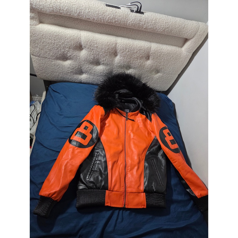 Robert Phillipe 8 Ball Faux Leather Bomber Jacket Orange Black Faux Fur Hood M
